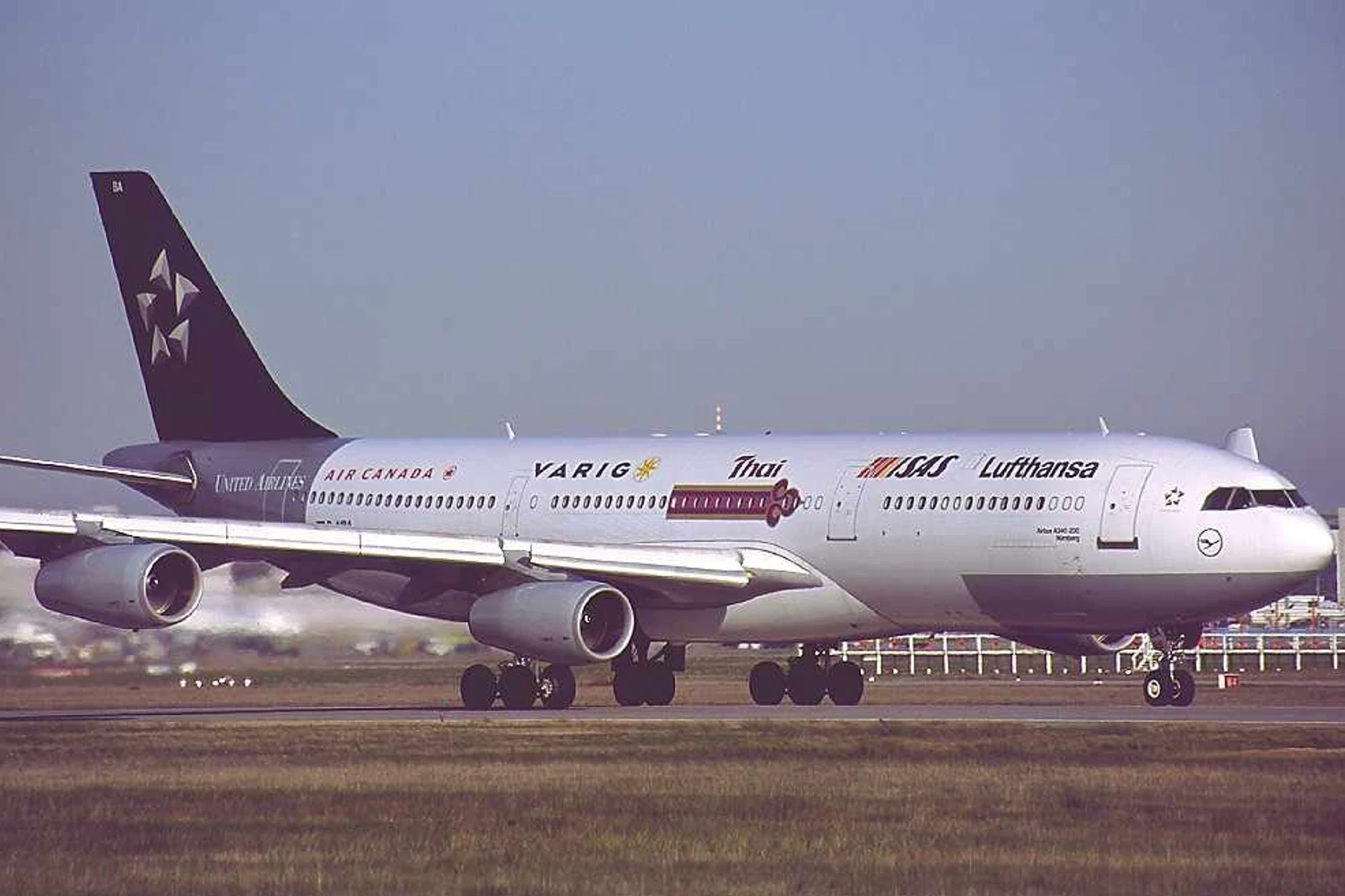 A340-200 da Lufthansa na primeira pintura da Star Alliance, com cada integrante da aliança. Foto: Konstantin von Wedelstaedt via Wikimedia Commons.