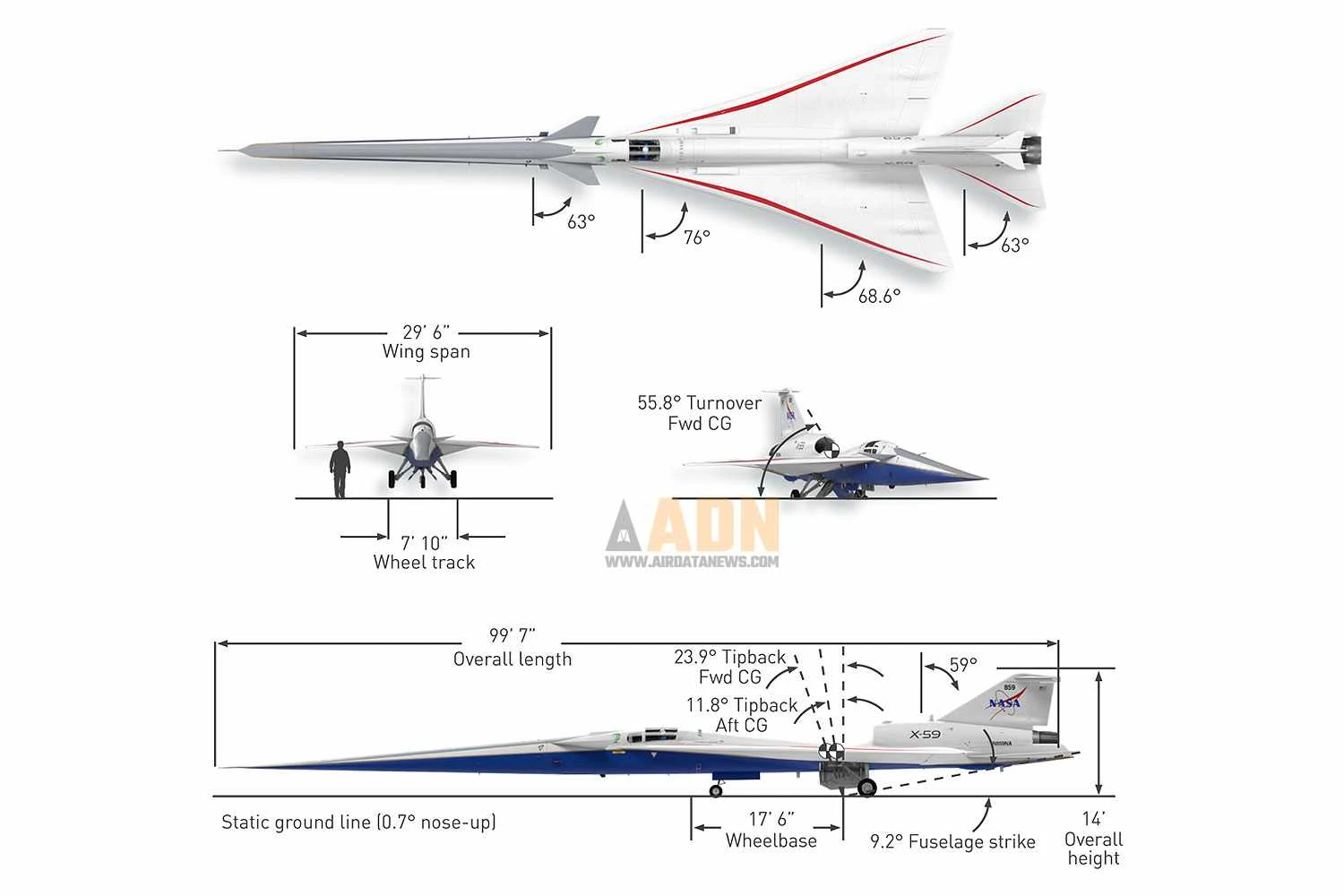 As características peculiares do X-59 como o longo nariz que ocupa metade do comprimento do avião (Lockheed Martin)