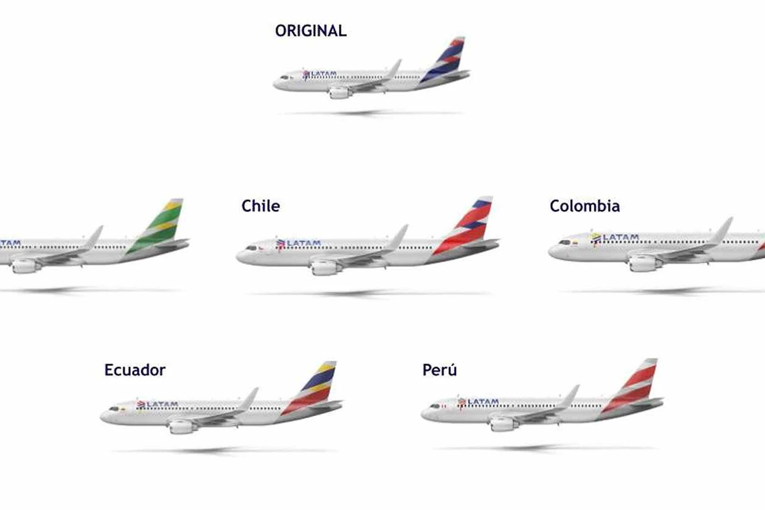 No centro da imagem, o A320 "chileno", com as cores invertidas em relação ao visual tradicional (LATAM)