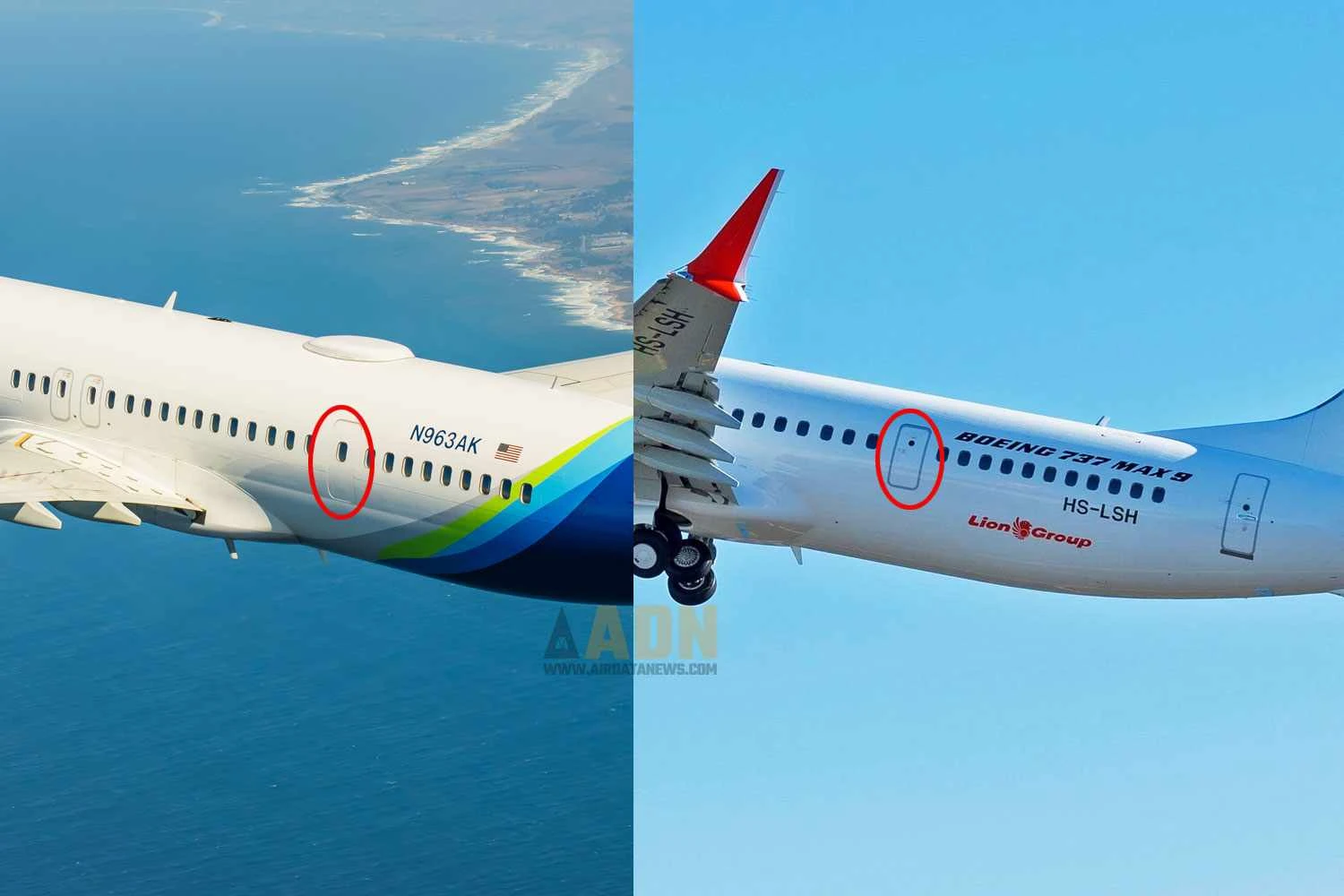 O 737 MAX 9 da Alaska comparado ao da Lion Air, que tem a porta de emergência instalada em vez de um tampão (AA e Boeing)