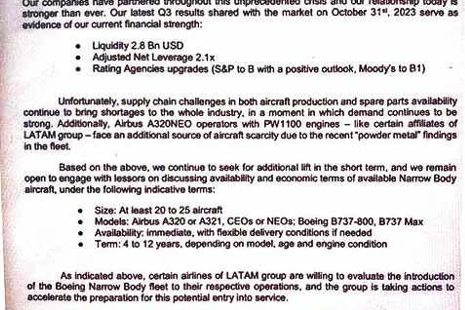 Carta enviada pela LATAM aos arrendadores com aviões da Gol (Reprodução)
