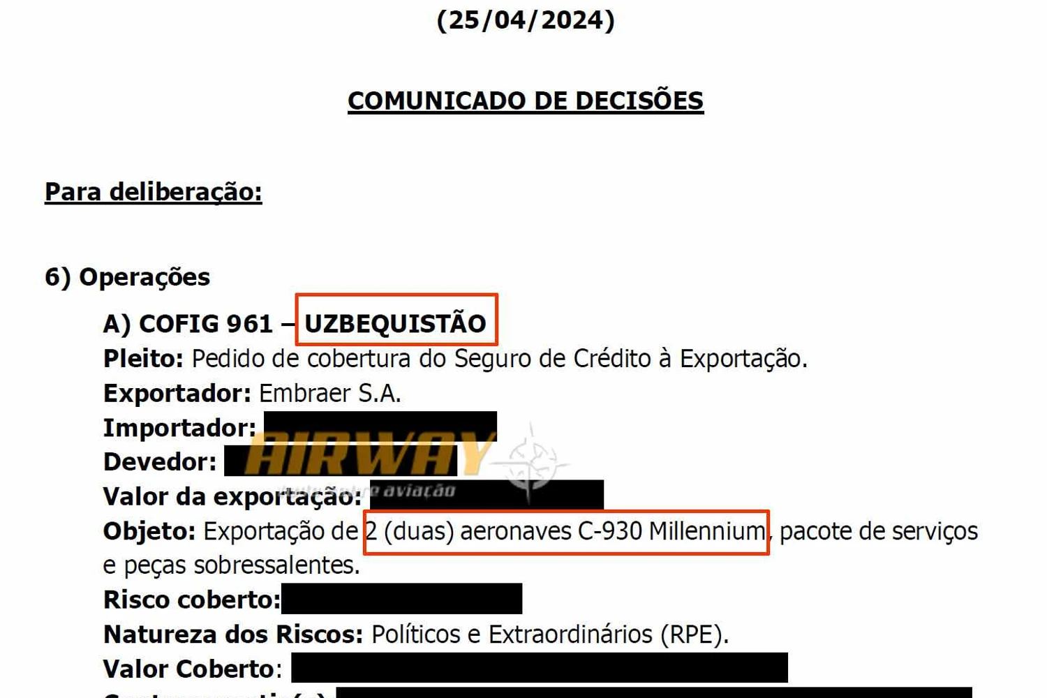 Ata do pedido do governo onde consta a venda de dois C-390 para o Uzbequistão (MDIC)