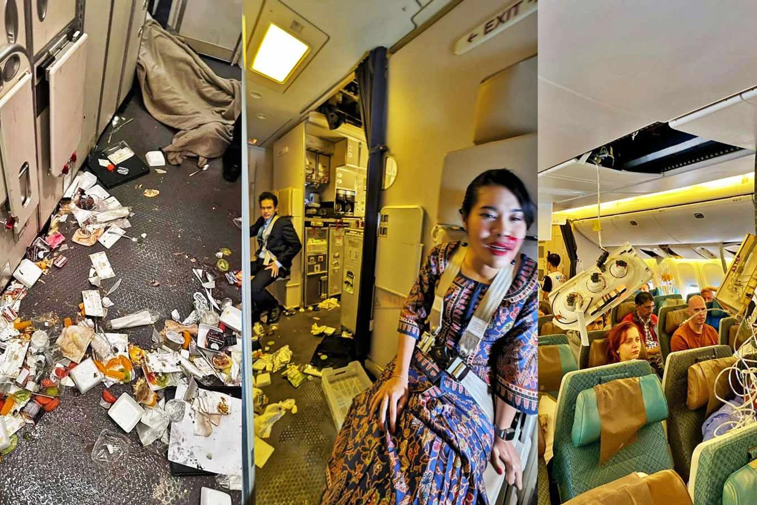 Cenas da cabine de passageiros do Boeing 777 da Singapore após a turbulência