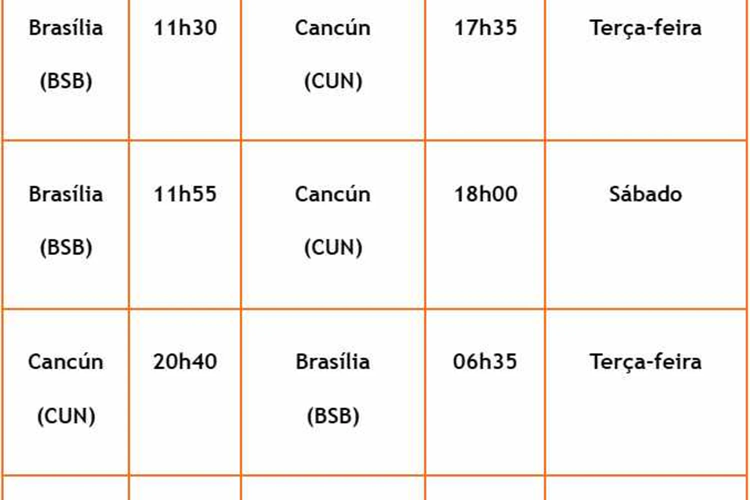 Horários dos voos entre Brasília e Cancún