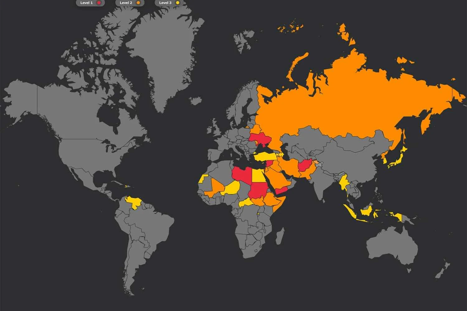 O mapa da Safe Airspace: países em vermelho são de alto risco