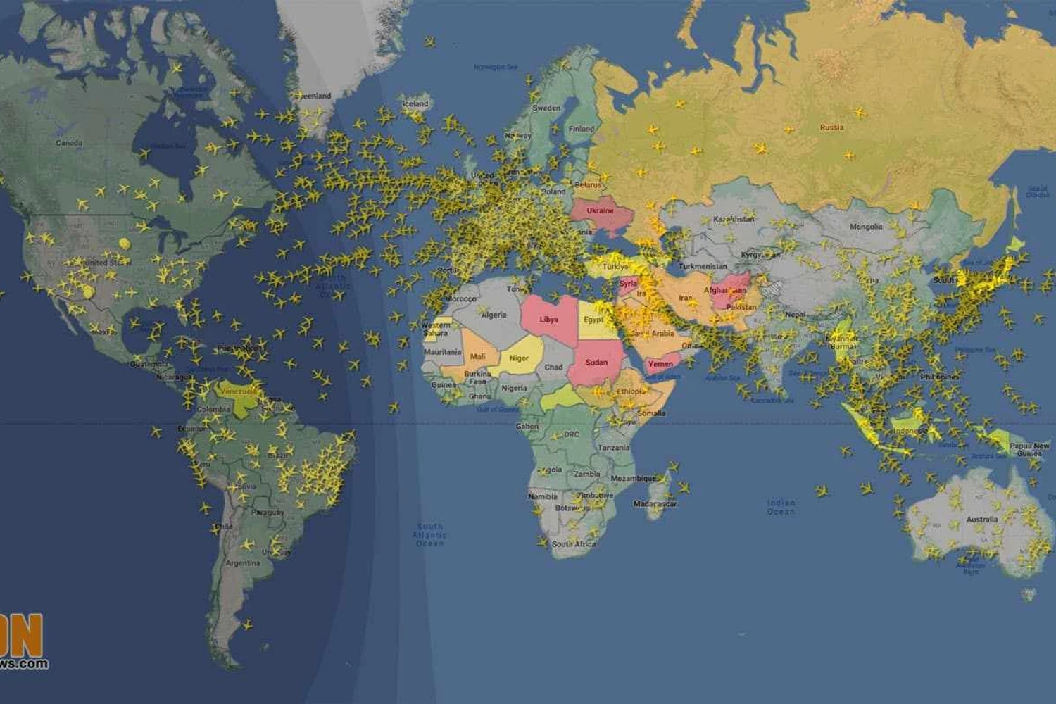 Sobreposição com os voos no Flight Radar revela como as aeronaves eitam as áreas em vermelho