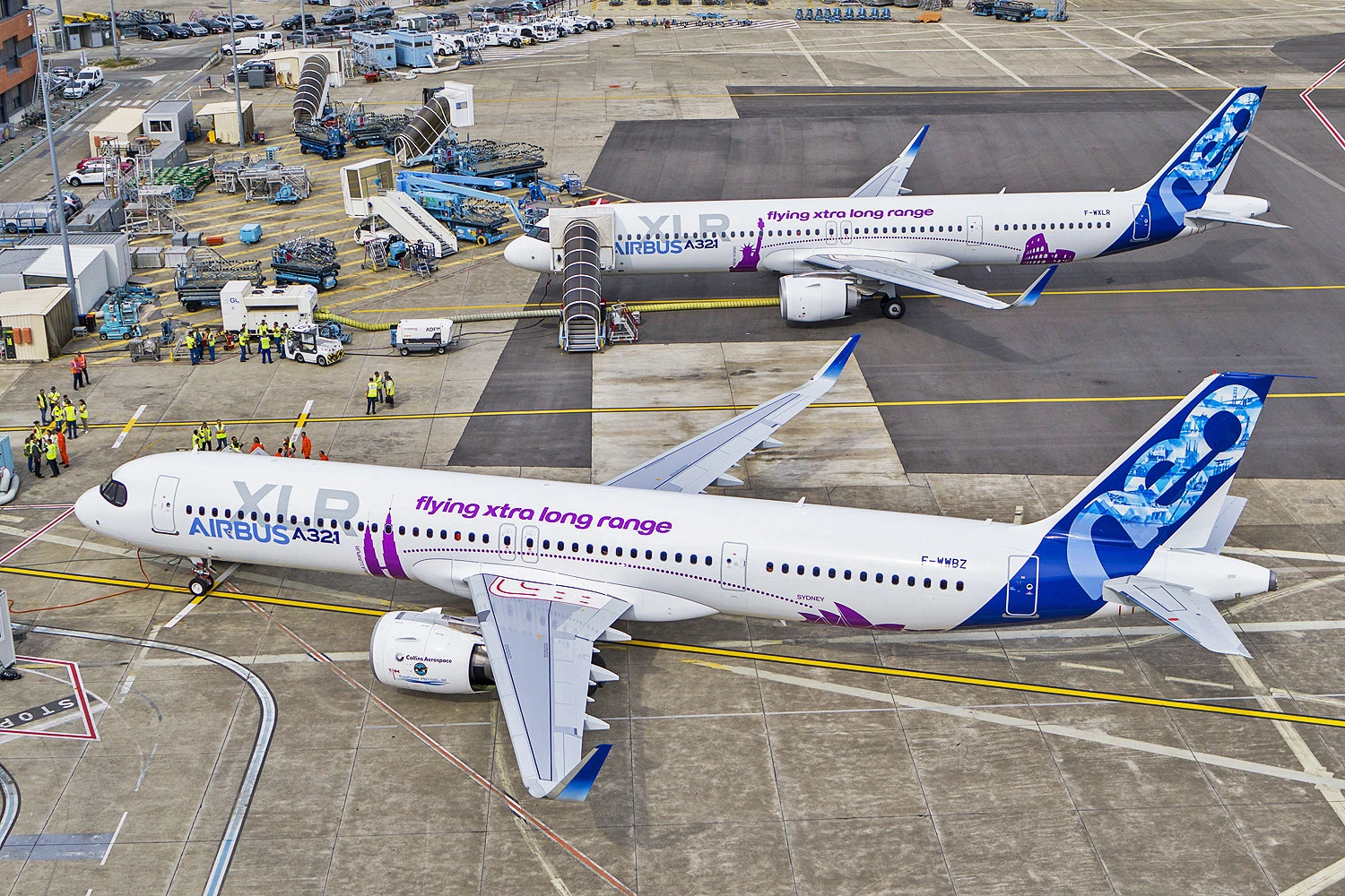 O A321XLR com motor GTF e ao fundo a variante com motores LEAP-1A (Airbus)