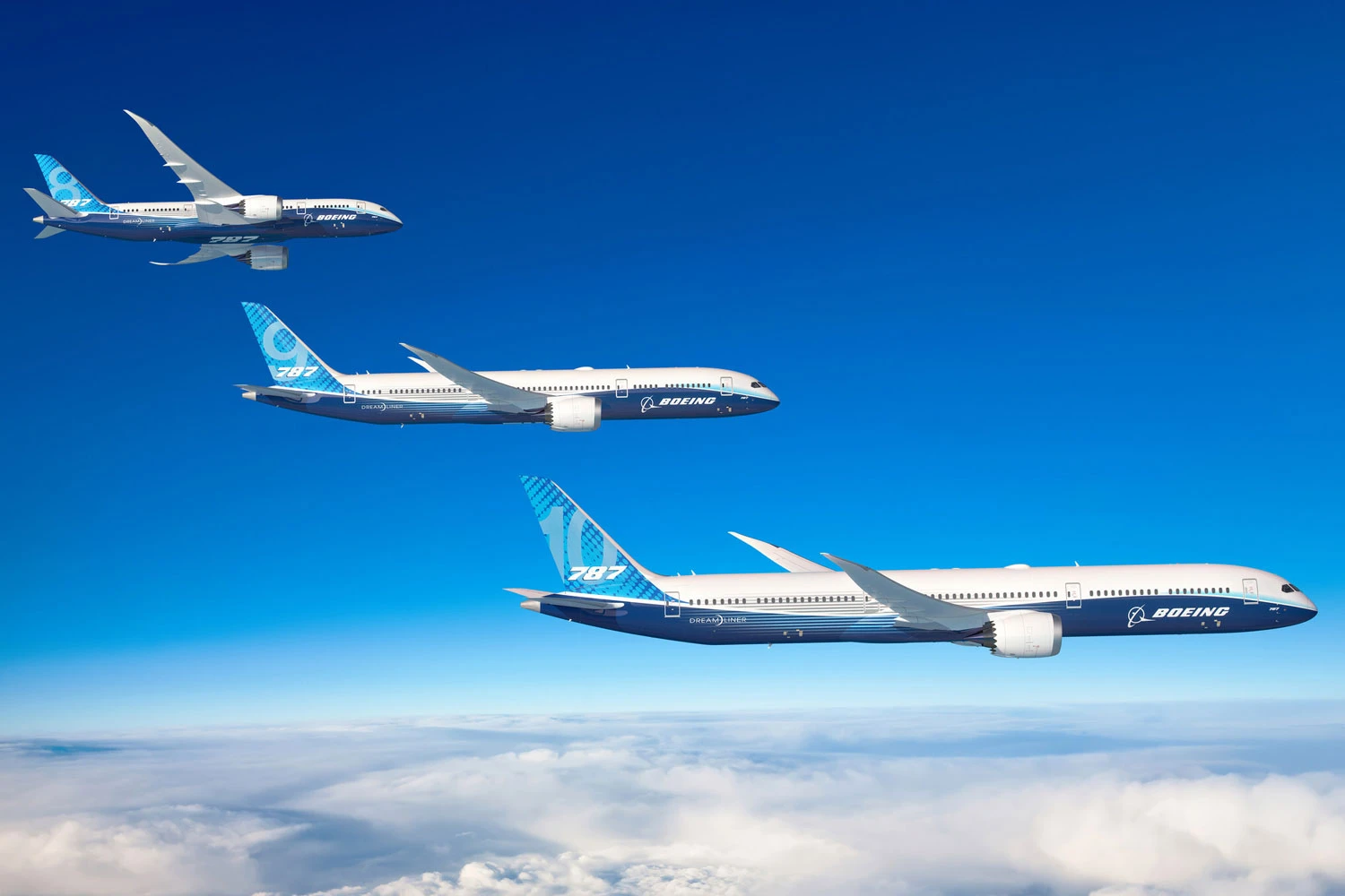 A fam&iacute;lia 787 Dreamliner compreende as vers&otilde;es 787-8, 787-9 e 787-10 (Boeing)