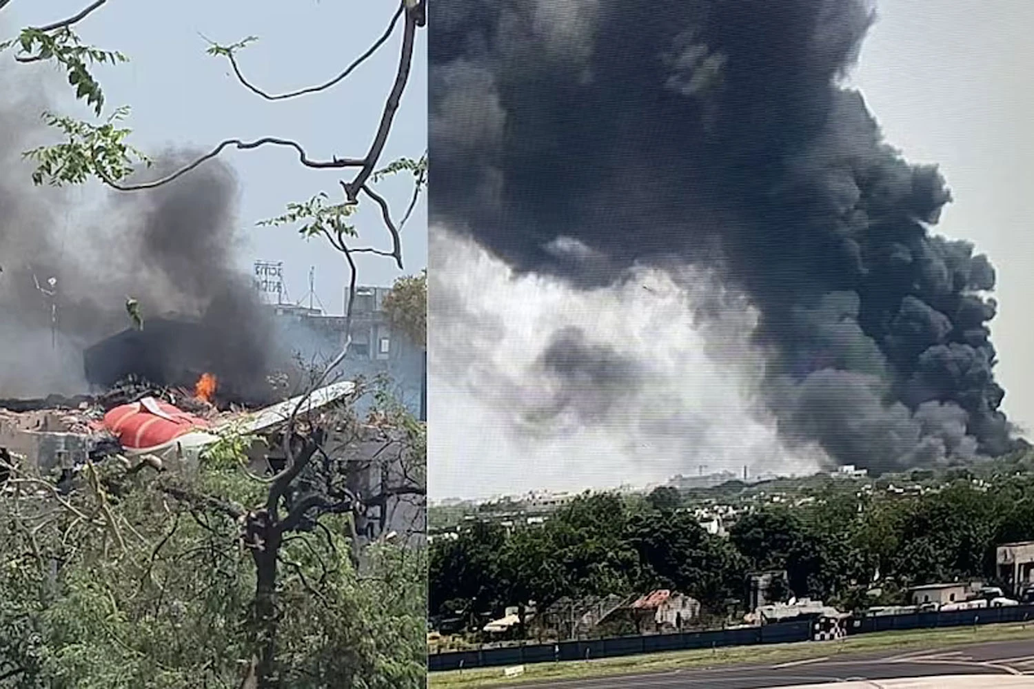 Destroços do Boeing 787 e a bola de fumaça que surgiu após a queda (Reprodução)