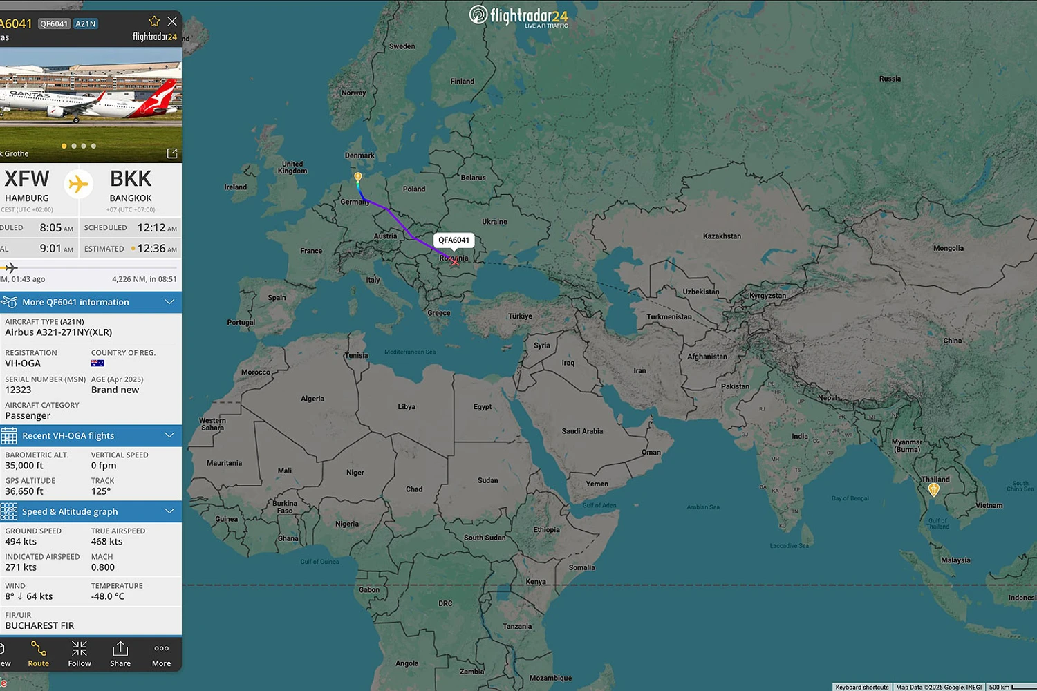 O voo de traslado do A321XLR da Qantas (FlightRadar24)