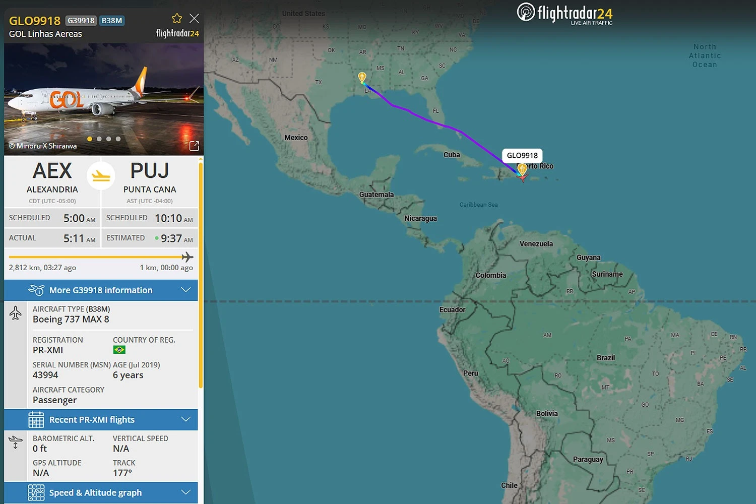 Jato 737 MAX 8 da Gol fazia escala t&eacute;cnica em Punta Cana antes de seguir para Confins (FlightRadar24)