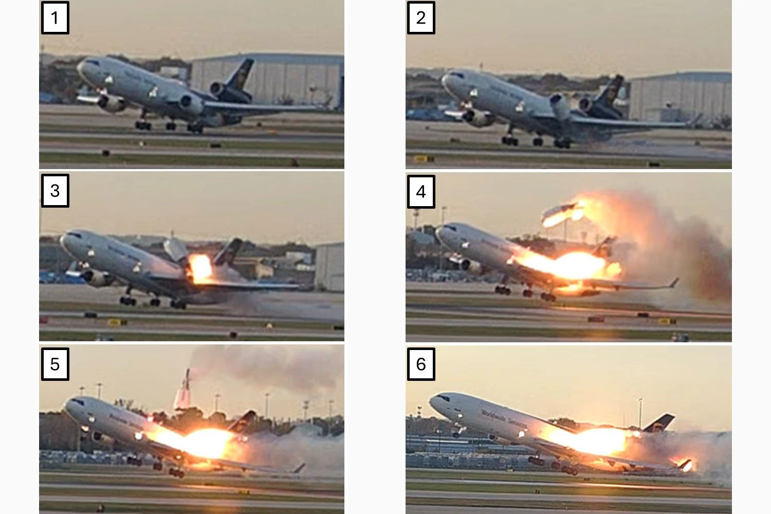 Uma sequ&ecirc;ncia de imagens mostra o pilar se quebrando e o motor voando para longe.