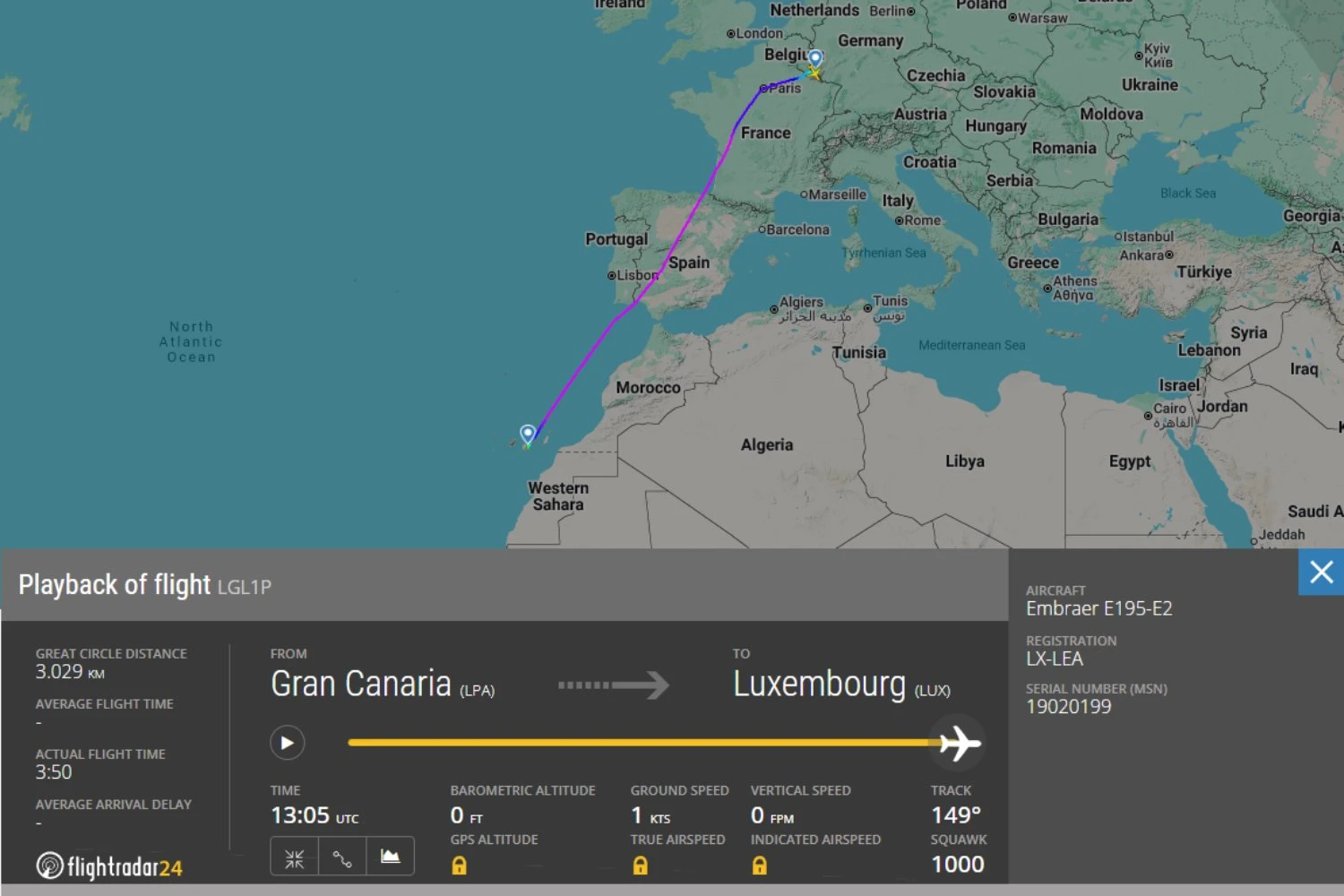 &Uacute;ltima perna do voo de traslado do E195-E2 da Luxair (FlightRadar24)