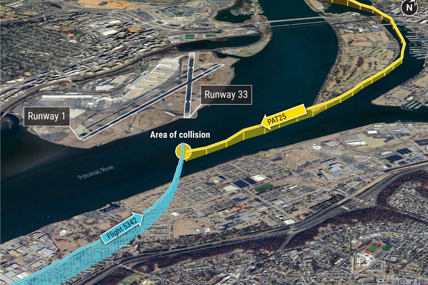 Infográfico mostra o caminho das duas aeronaves antes da colisão no ar (NTSB)