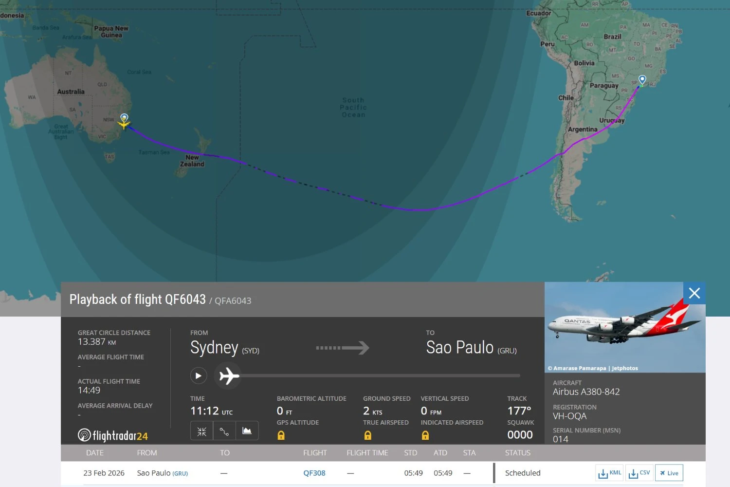 O voo de quase 15 horas do A380 entre Sydney e S&atilde;o Paulo (FlightRadar24)