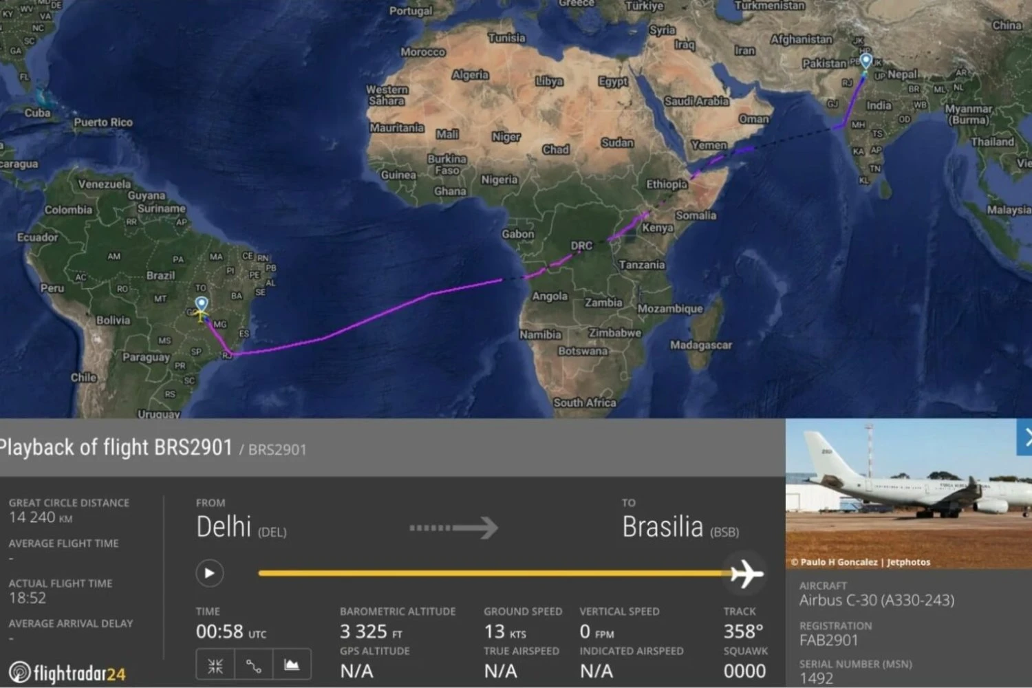 O voo recorde do KC-30 FAB 2901 (FlightRadar24)