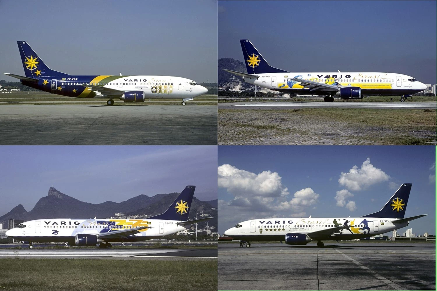 A VARIG usou bastante os Boeing 737-300 para pinturas especiais, principalmente da Copa do Mundo. Em sentido horário: PP-VOZ Copa do Mundo de 1998, PP-VPR com a Copa de 2002, PP-VPY com a Copa de 2006 e o PP-VPZ com os stickers de 75 anos da empresa, em 2002 (Christian Volpati).