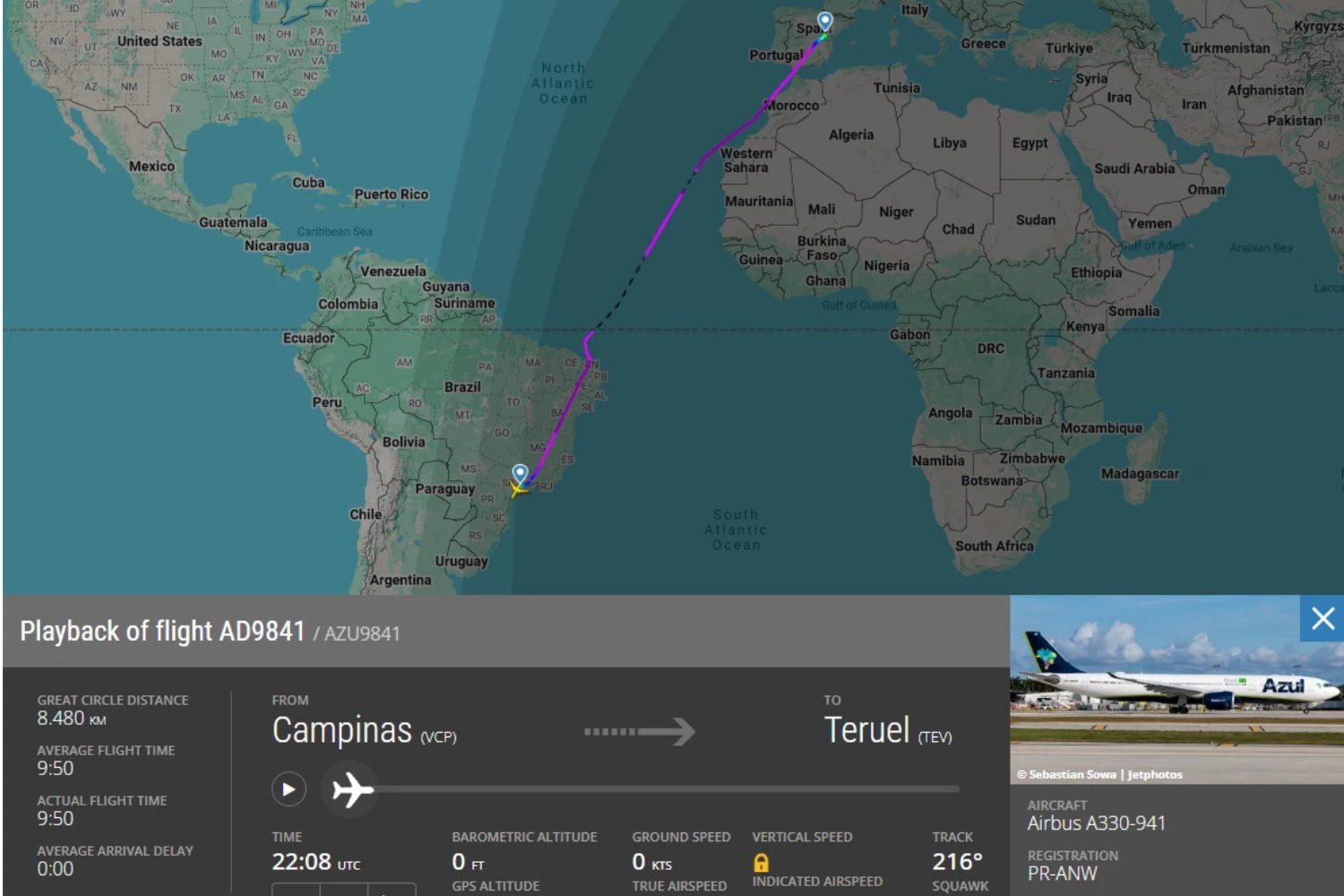 O voo de despedida do A330 PR-ANW (FlightRadar24)