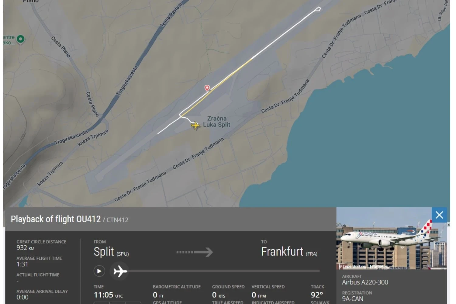 A Croatia Airlines A220-300 saiu da pista após abortar a decolagem em Split (FlightRadar24)