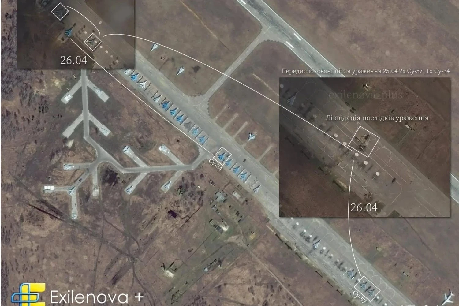 Imagem de sat&eacute;lite circulando nas redes sociais sugere danos a aeronaves russas. (Exilenova+)