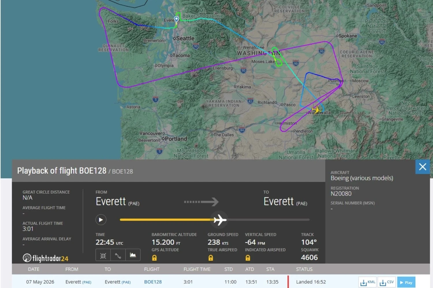 O primeiro voo de um 777-9 de produção ocorreu em 7 de maio (FlightRadar24)