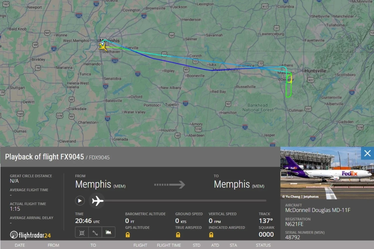O voo de teste do FedEx MD-11 decolou de sua sede em Memphis e durou 1 hora e 15 minutos (FlightRadar24)