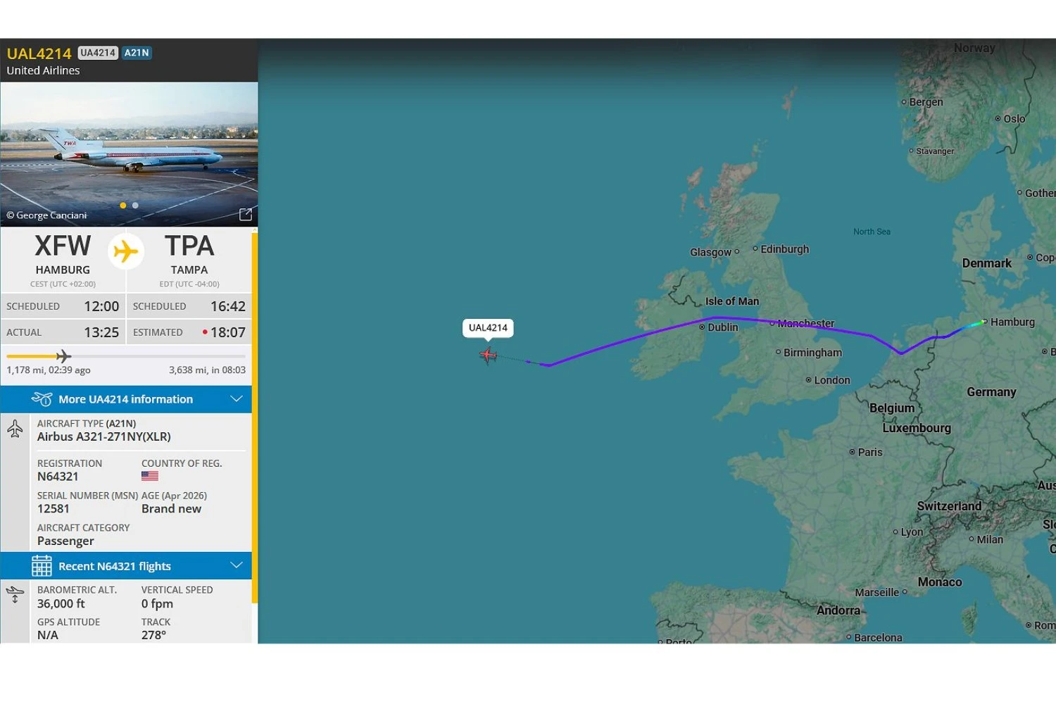 O voo de entrega do primeiro A321XLR da United (FlightRadar24)
