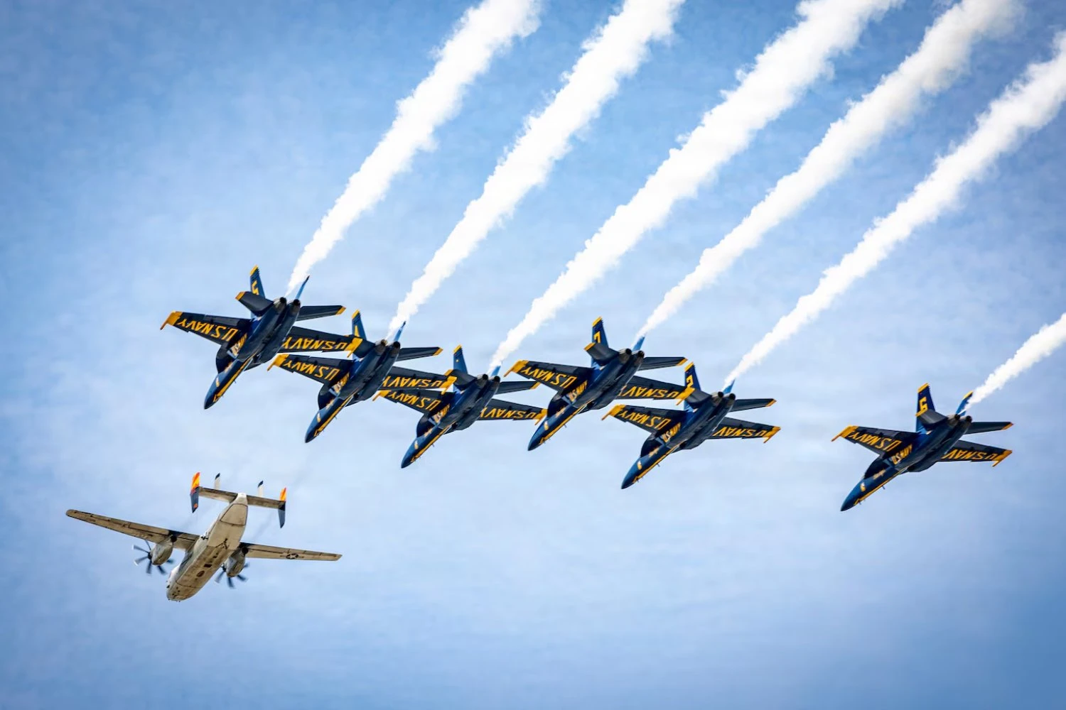 A última aeronave C-2A Greyhound da Marinha lidera um voo em formação com os Blue Angels da Marinha dos EUA sobre o Sherman Field, na Estação Aeronaval (NAS) de Pensacola