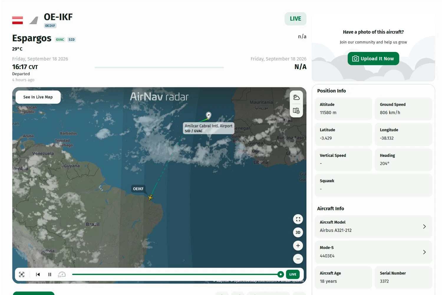 O A321P2F da Azul estava entrando no espaço aéreo brasileiro nesta sexta, 18