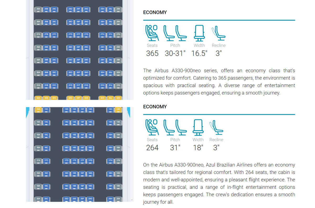 No alto a configuração de classe econômica do A330neo vindo da Air Asia e abaixo a padrão da Azul (Reprodução/Seat maps)