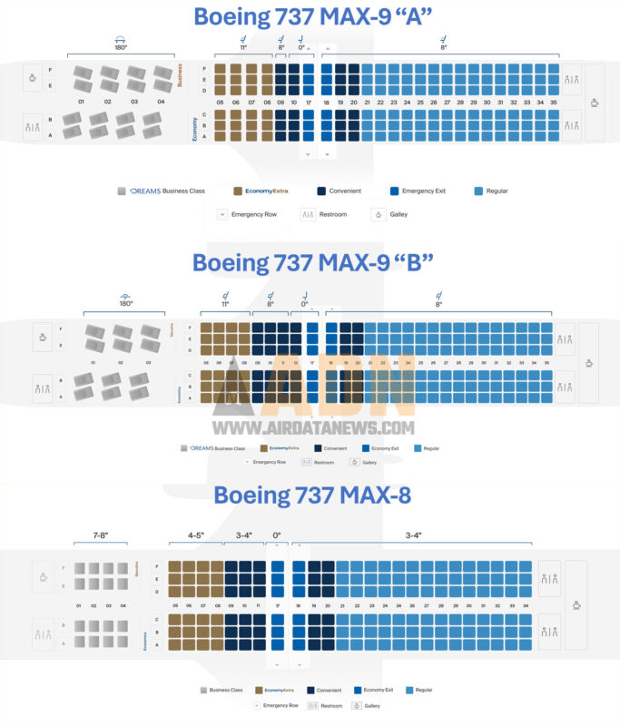 A configuração de cabine dos 737 MAX 8 e MAX 9 (Copa)